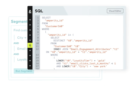 Amperity GIF Animation. One uses SQL formatting to segment customers. One changes the Loyalty Tier from 'gold' to 'silver' and place from 'new york' to 'boston' in SQL Editor. It is completed only in 1.80 seconds with 19,600,423 records found.